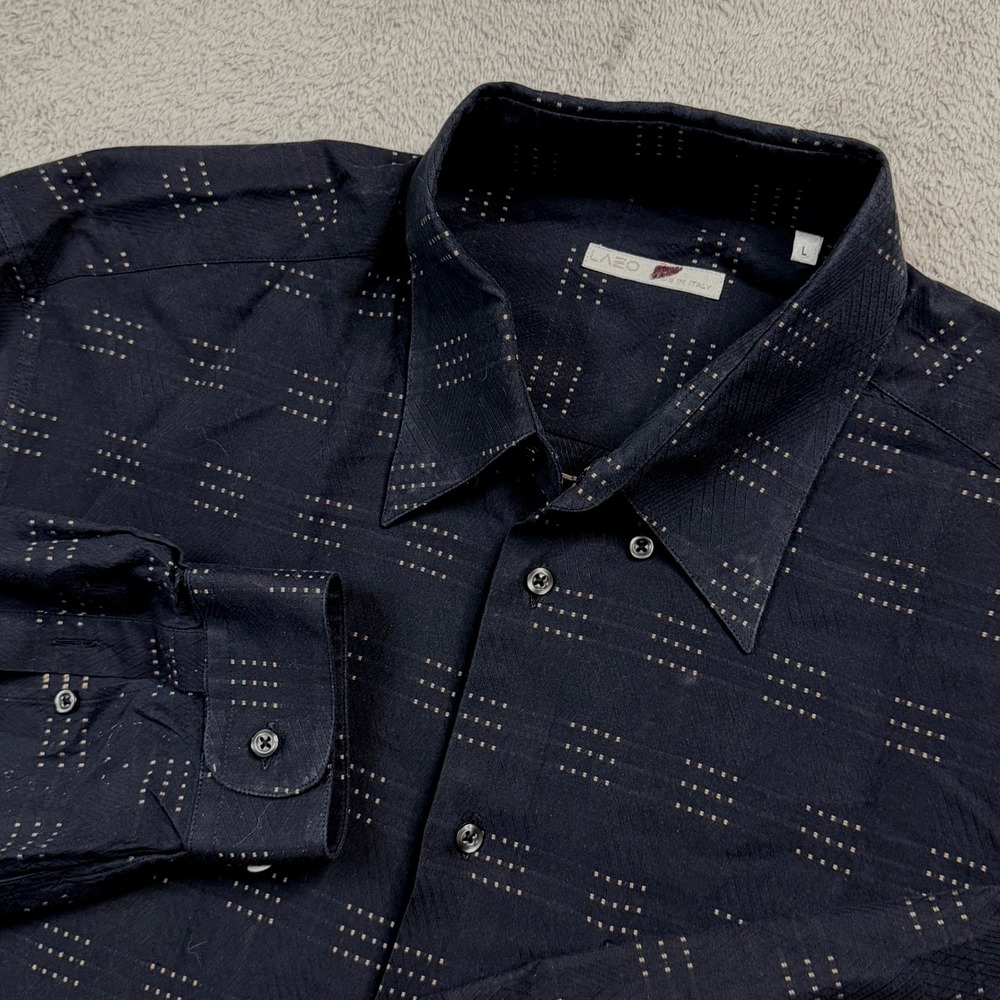 Lazo Mens Black Geometric Dot Long Sleeve Button Down Shirt Made in Italy Large